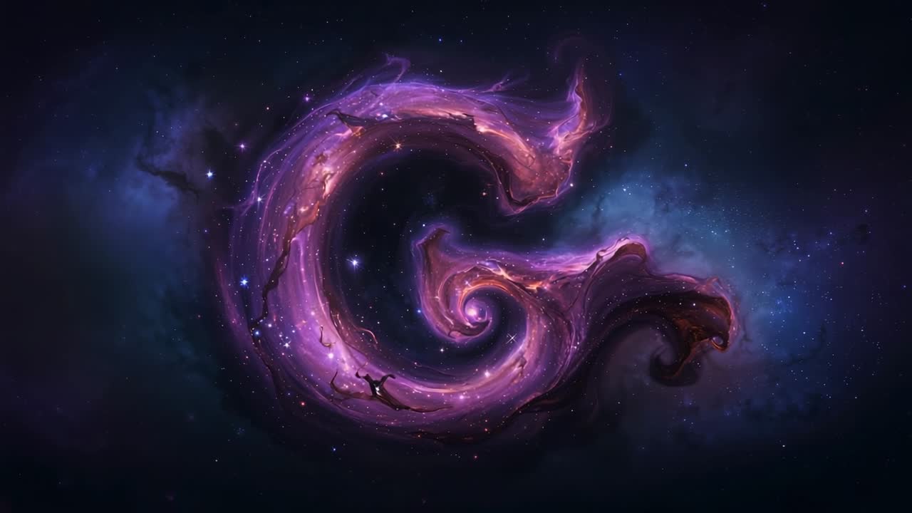 Playback initiating cosmic nebula swirl glowing in deep space, forming letter G shape with stars