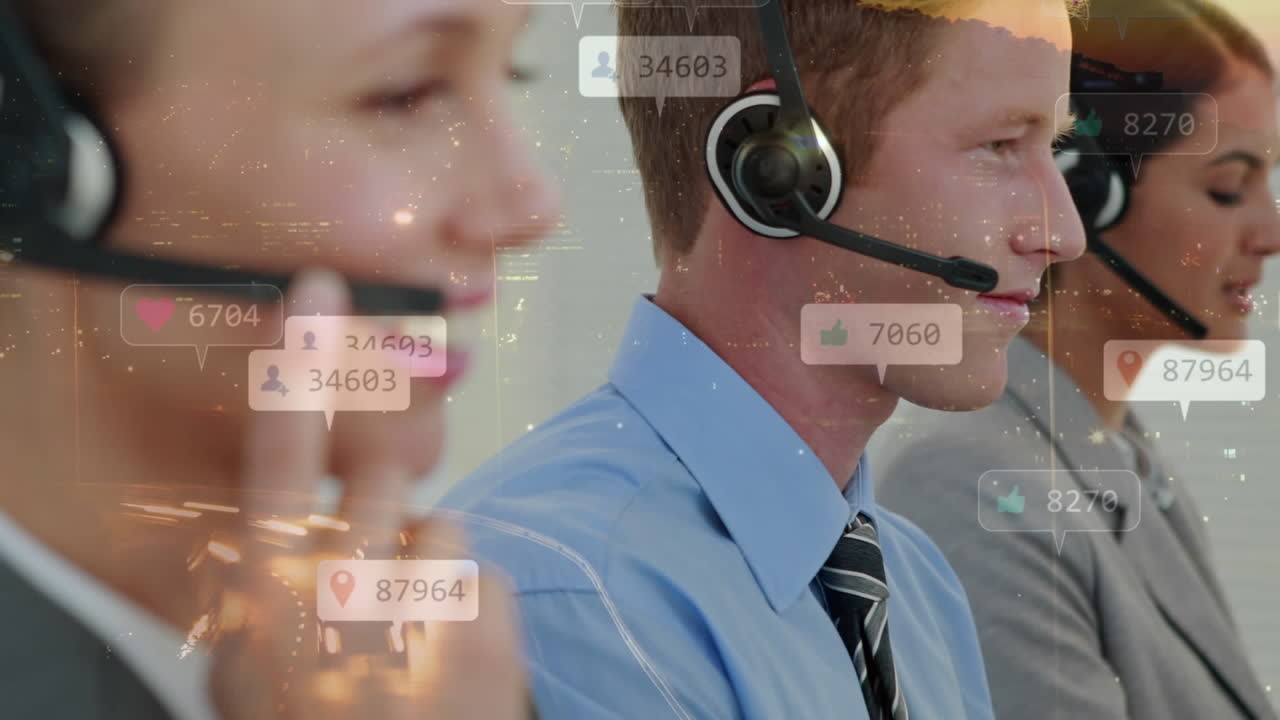Animation of network of connections with icons over business people wearing phone headsets