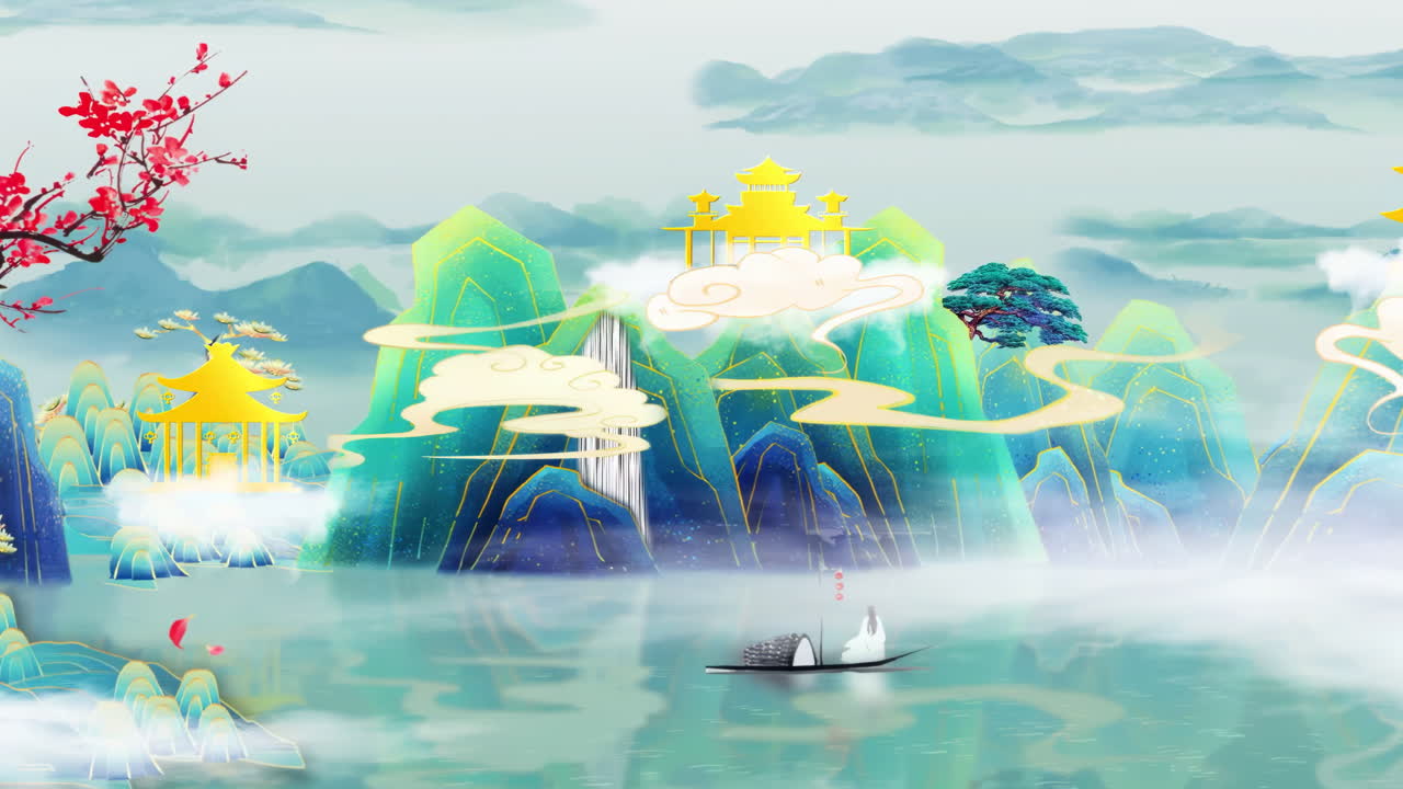 Mysterious landscape China's traditional Oriental Digital Art animation, Chinese retro painting ink misty mountain with flowers, tree, birds, river in fog background