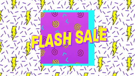 Animation-of-flash-sale-text-on-squares,-lightnings,-circular-pattern,-lines-over-white-background