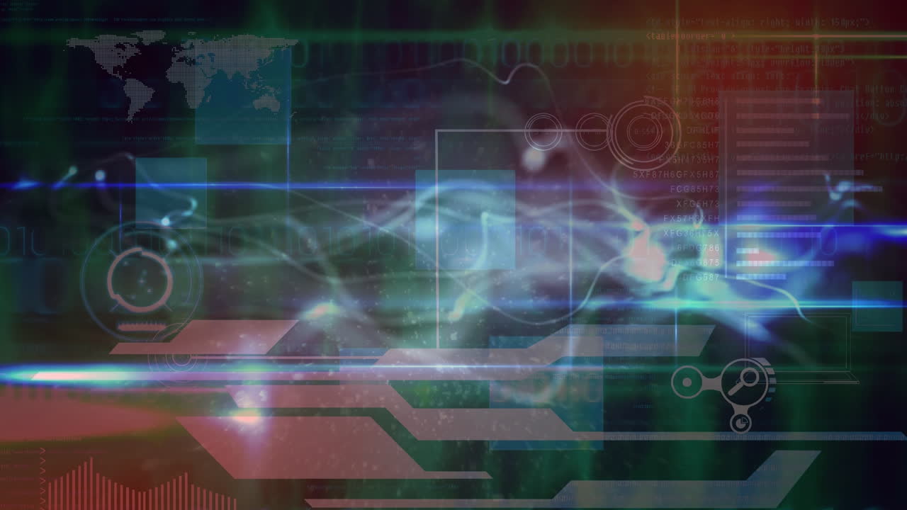 다양한 그래프와 데이터와 함께 화면을 가로질러 움직이는 파동의 애니메이션