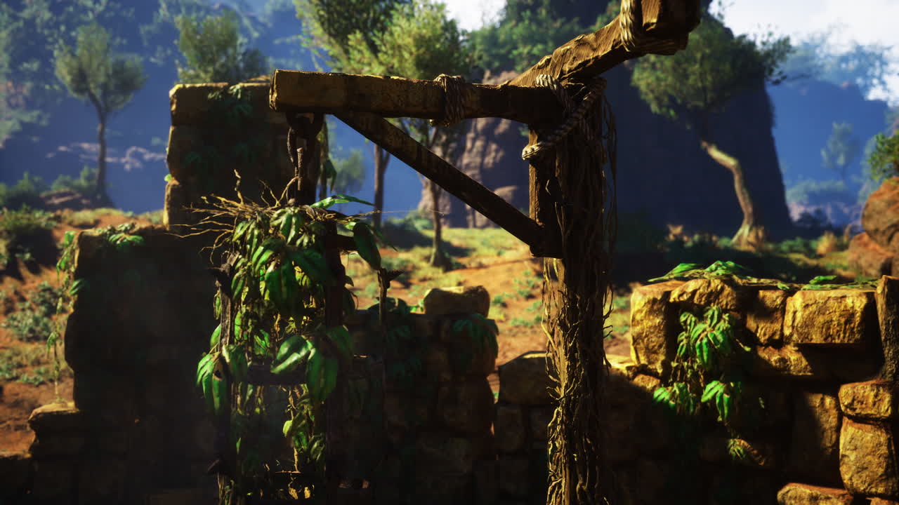 Overgrown ruins with natural vegetation in a serene landscape view