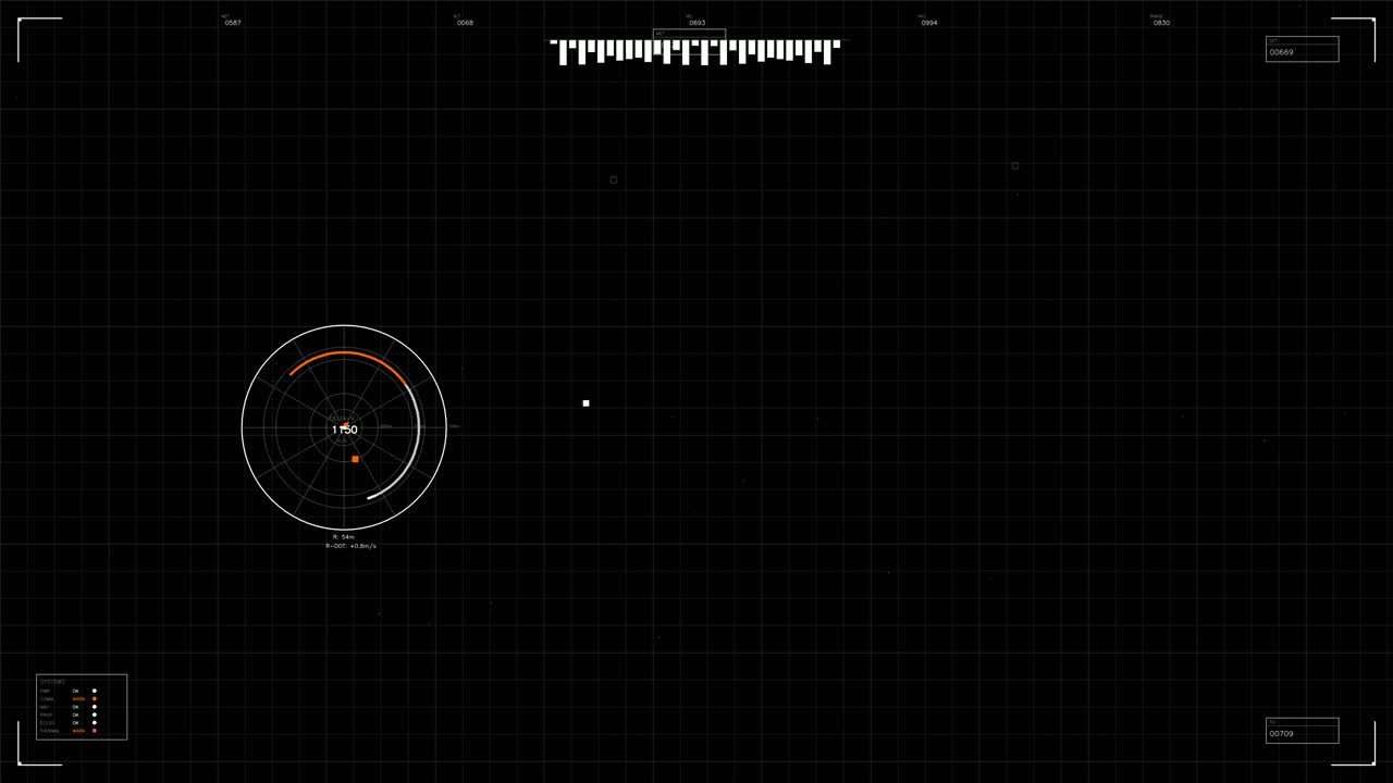 The scene shows a military heads up display featuring radar, graphs, and gridlines. It is designed for sci fi or war videos and focuses on navigation and tracking