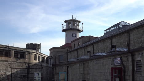 guard tower, cellblocks and baseball backstop at eastern state penitentiary