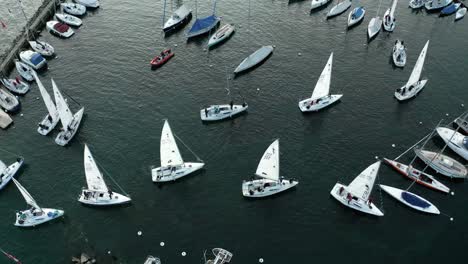 High-angle-top-down-drone-shot-flying-over-yachts-entering-a-harbour-area-following-a-yachting-competition-on-lake-Geneva