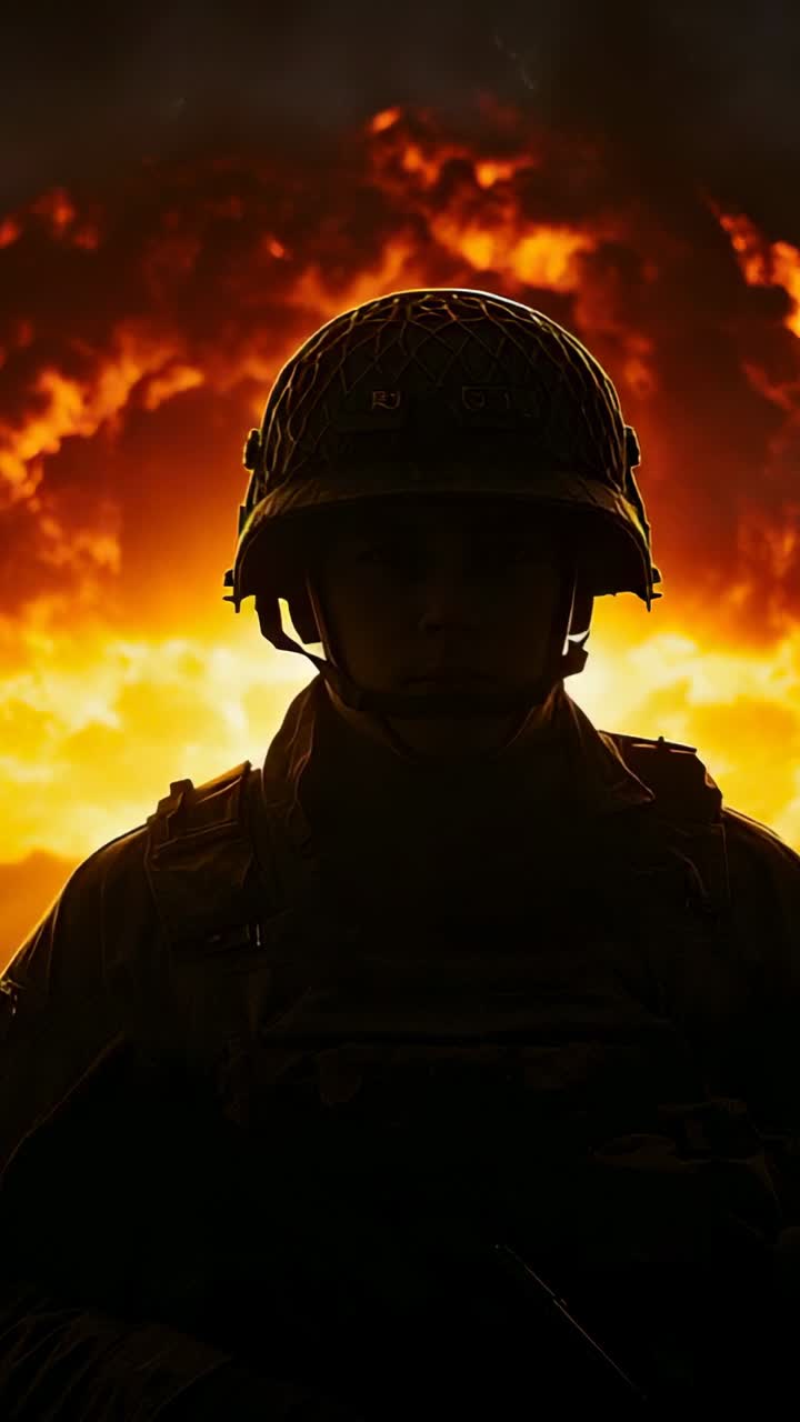 Vertical video: Fireball exploding behind soldier on battlefield, helmet armor and rifle glowing
