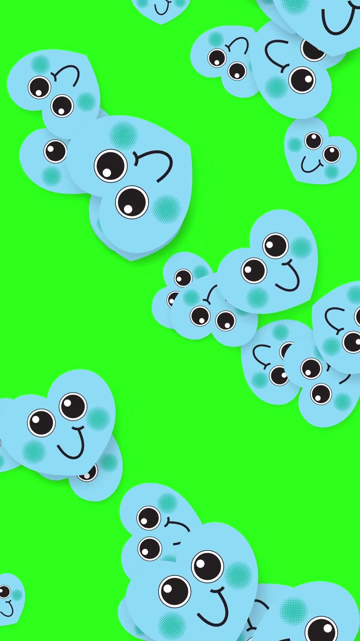 Personaggi animati a forma di cuore blu con faccine carine cadono verticalmente su uno schermo verde brillante