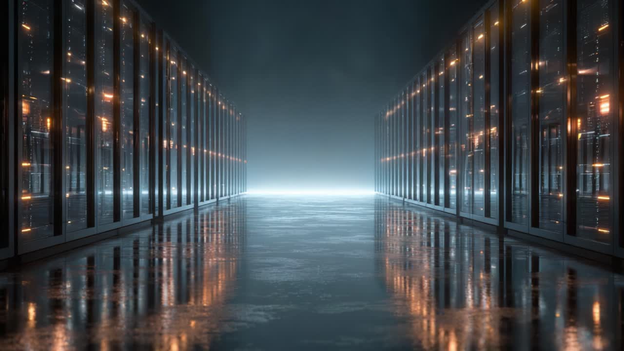 En fængslende rejse gennem hjertet af et moderne datacenter: Oplyste serverracks reflekteres på et poleret gulv i et teknologisk avanceret miljø.