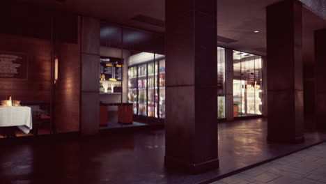 una calle desierta con un frente de tienda por la noche.