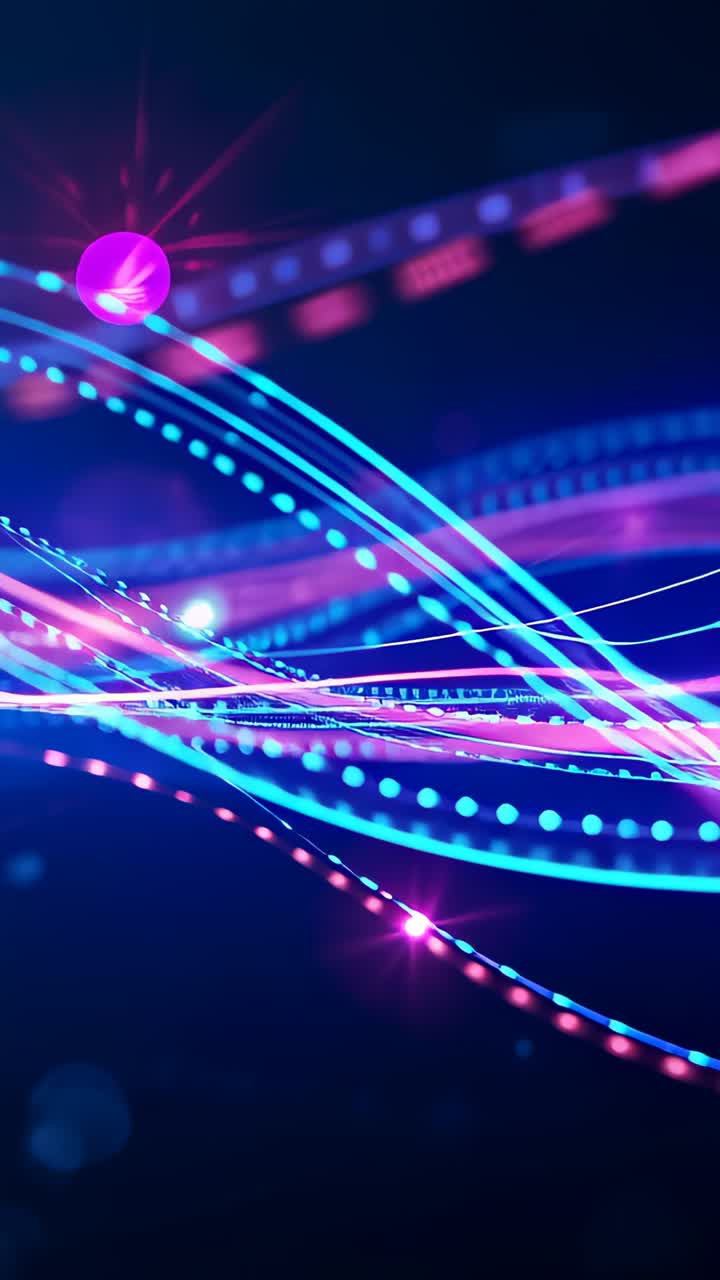 Vertical video: Animation starting neon ribbons forming wave in digital space, orb drifting left