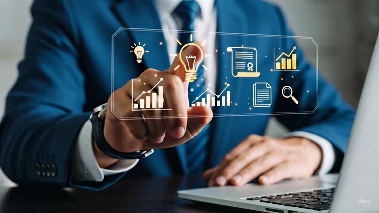 Businessman in a Blue Suit Selecting a Bright Idea Icon on a Virtual Touchscreen