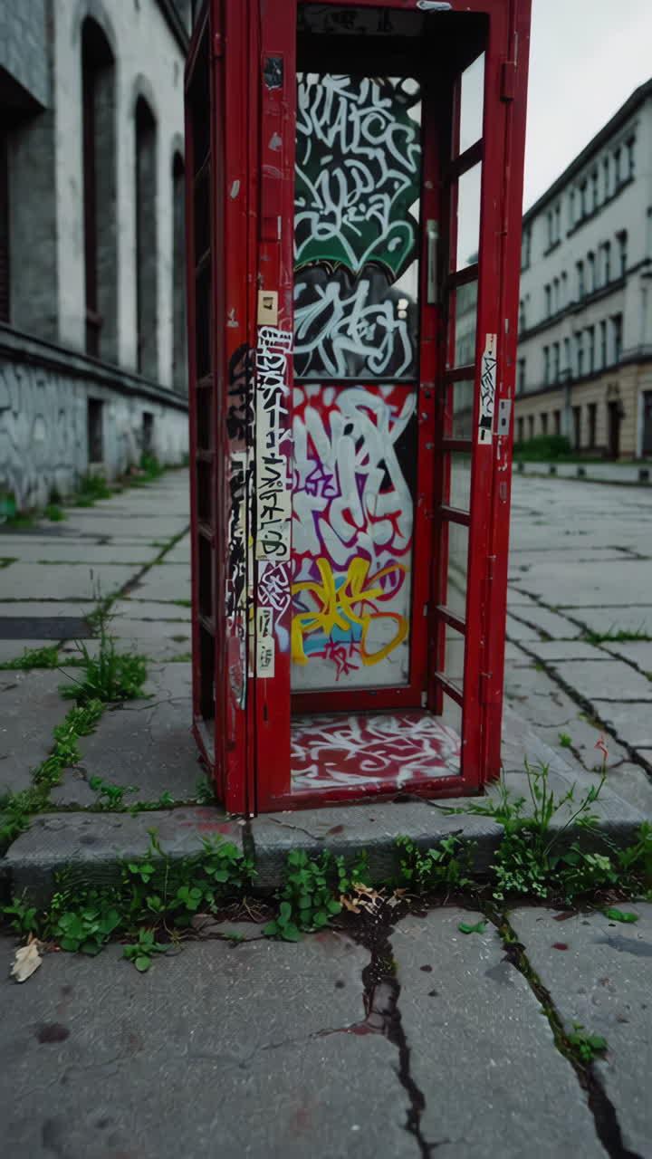 Bir Avrupa şehrinde grafitili kırmızı telefon kulübeleri.