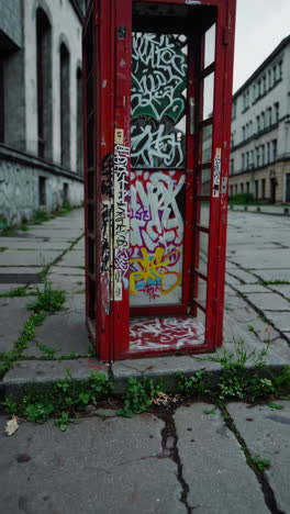 red phone booths with graffiti in a european city