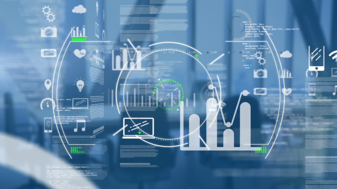 animación de escaneo de alcance y procesamiento de datos sobre una oficina vacía