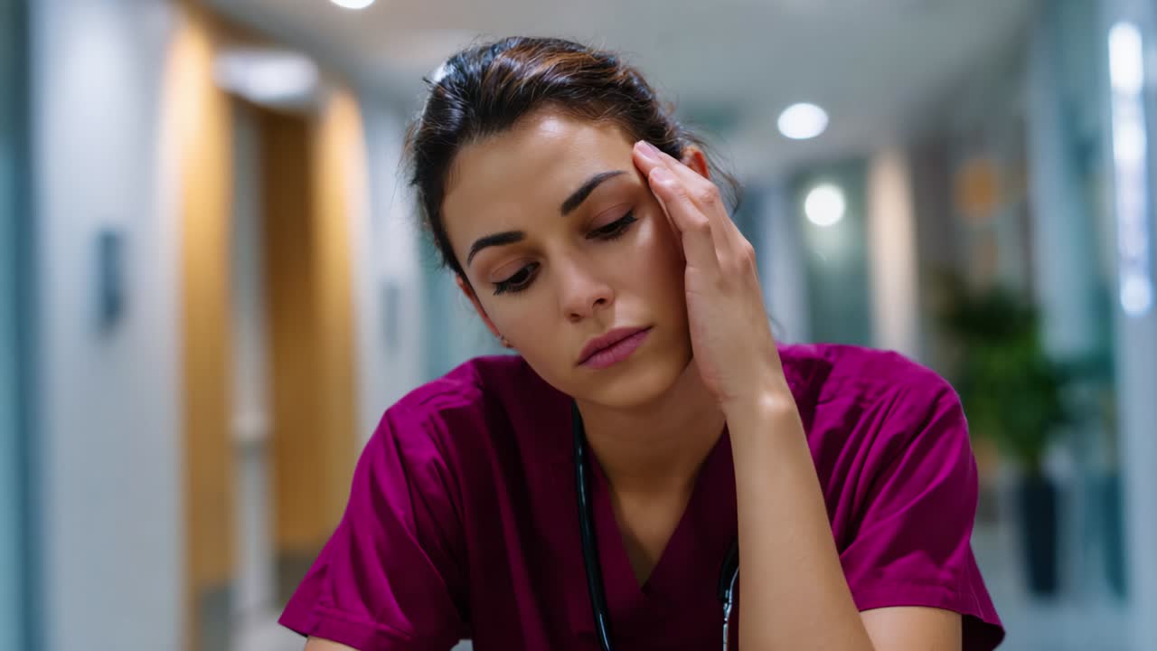 A healthcare professional experiences emotional fatigue and exhaustion while working in a hospital setting, conveying the stress and pressures faced in high-demand environments