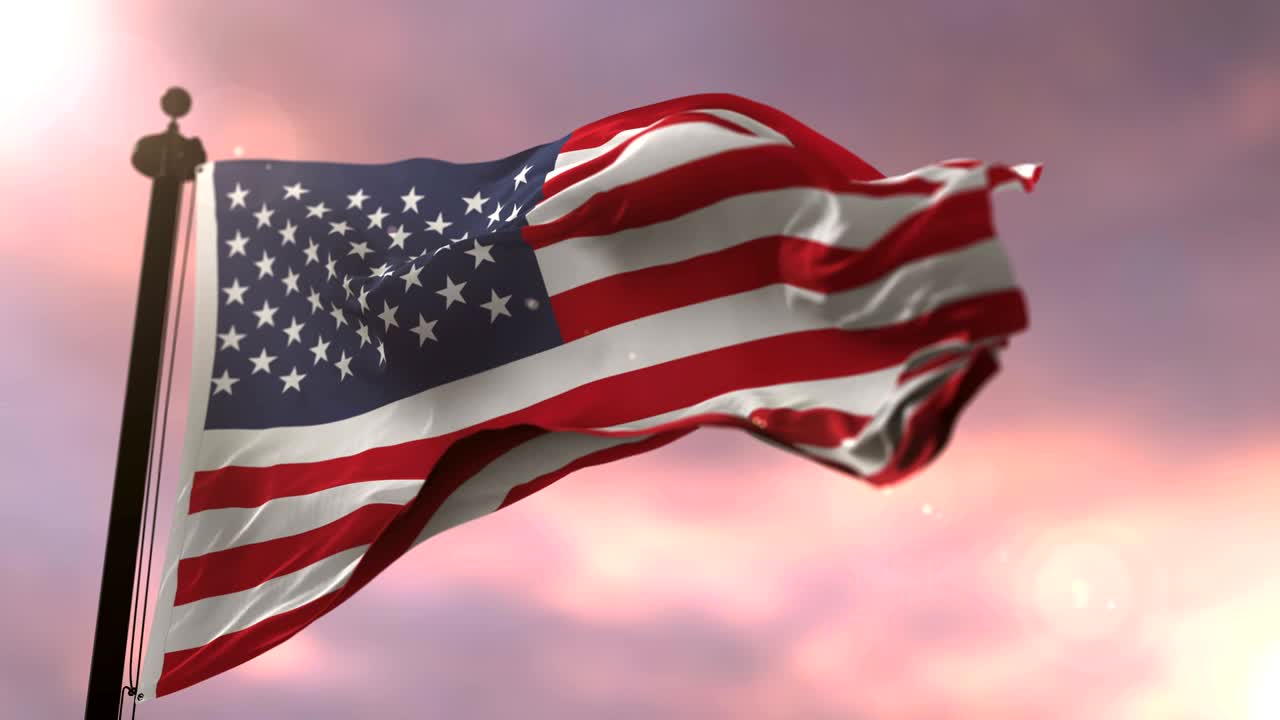 la bandera de los estados unidos de américa ondeando al atardecer, bucle