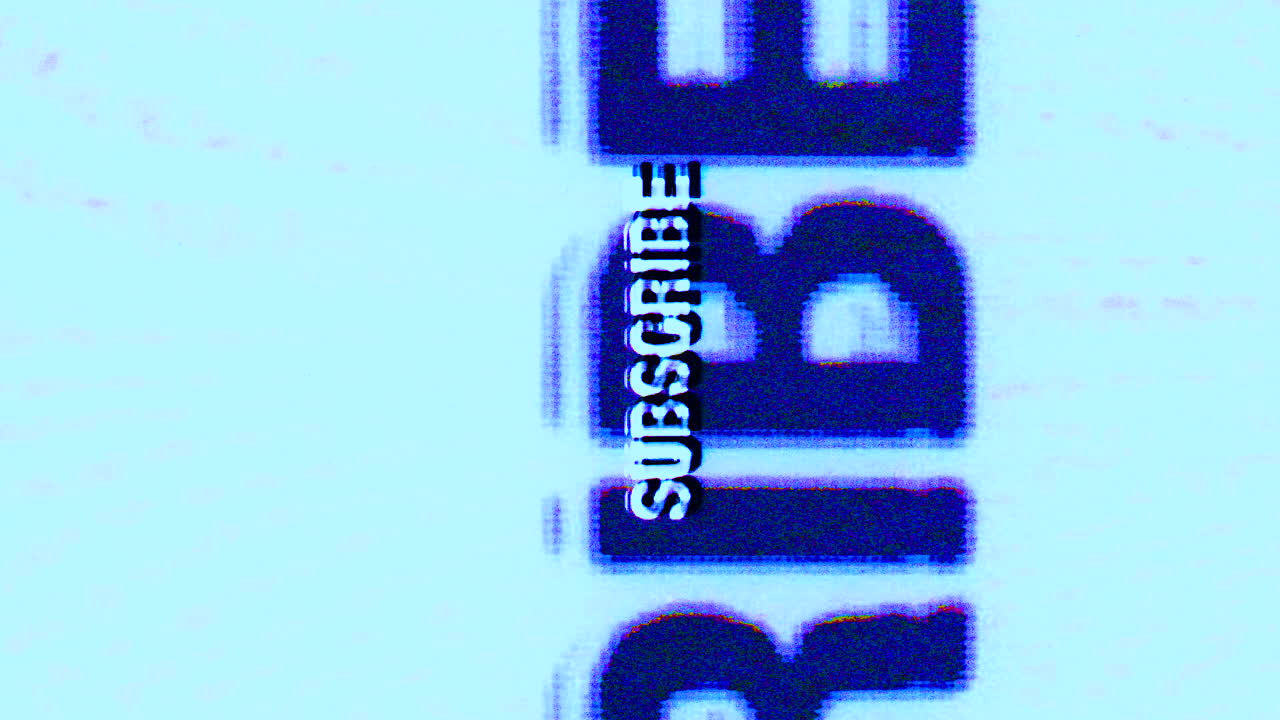 subscribir glitch en azul púrpura, suscribir el botón de título de animación en el aspecto de vhs analógico