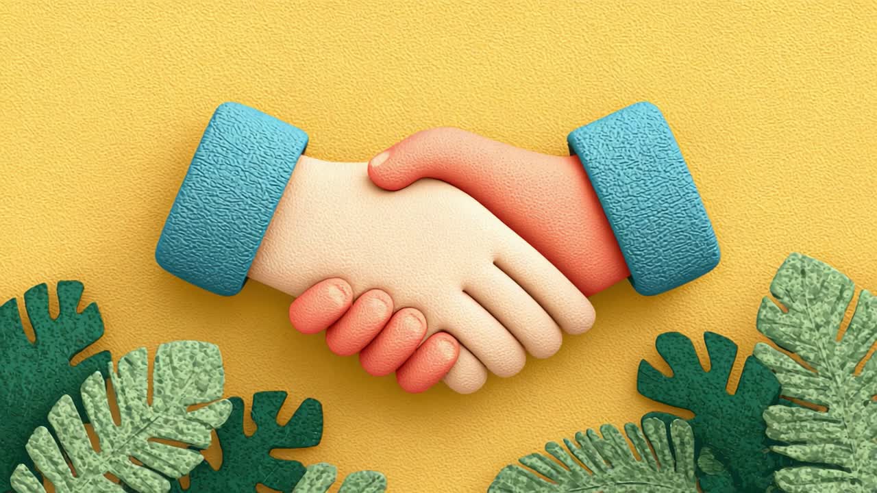 Two cartoonish hands shaking in a friendly gesture against a vibrant yellow background with green tropical leaves, symbolizing agreement, partnership, collaboration and business success