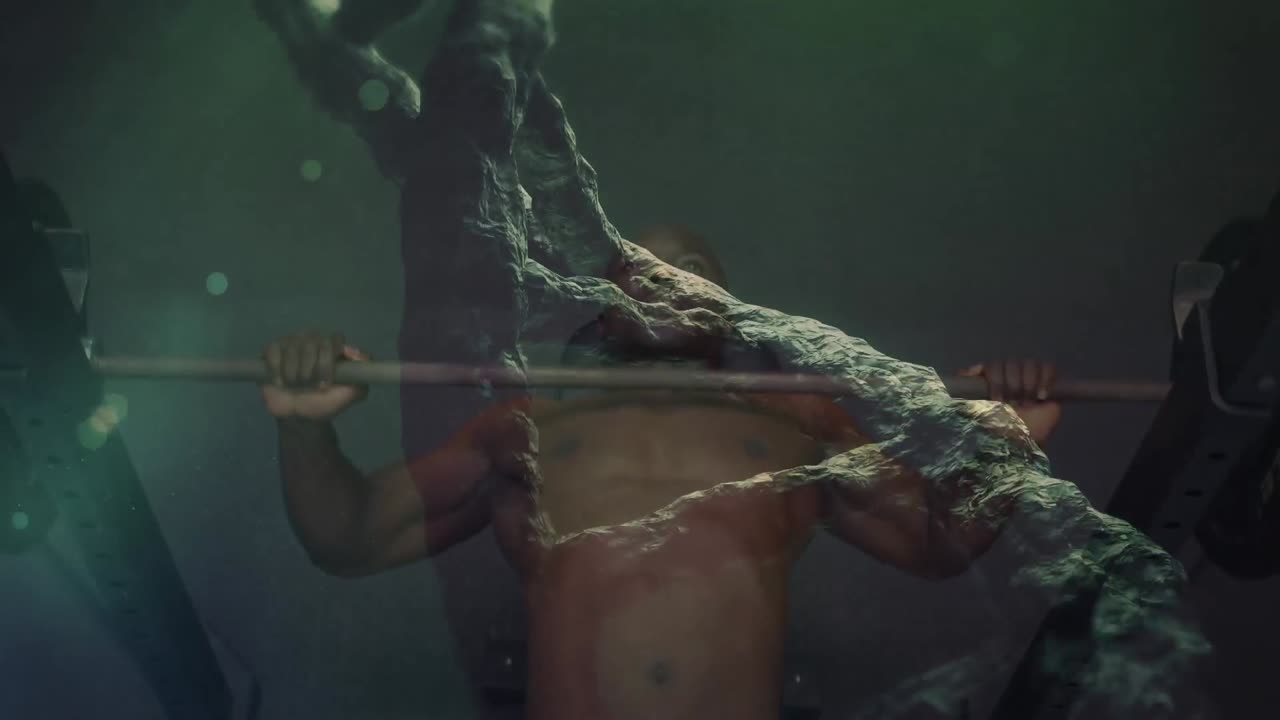 체육관에서 운동하는 강한 남자 위의 dna 가닥의 애니메이션