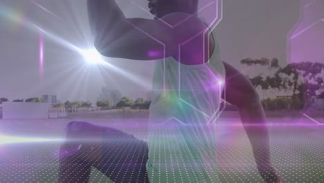 Animation-of-shapes-and-light-trails-over-african-american-man-running