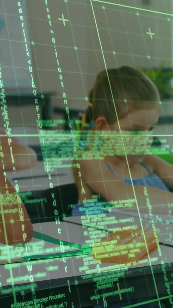 Vertical video: Girl focusing on worksheet in class working under green HUD near orange pencilcase