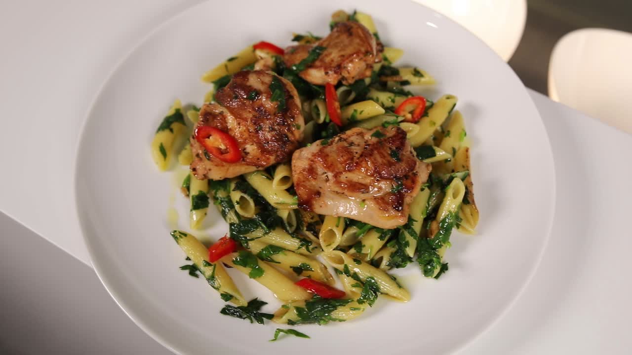 Kyckling Penne Pasta med spenat och persilja