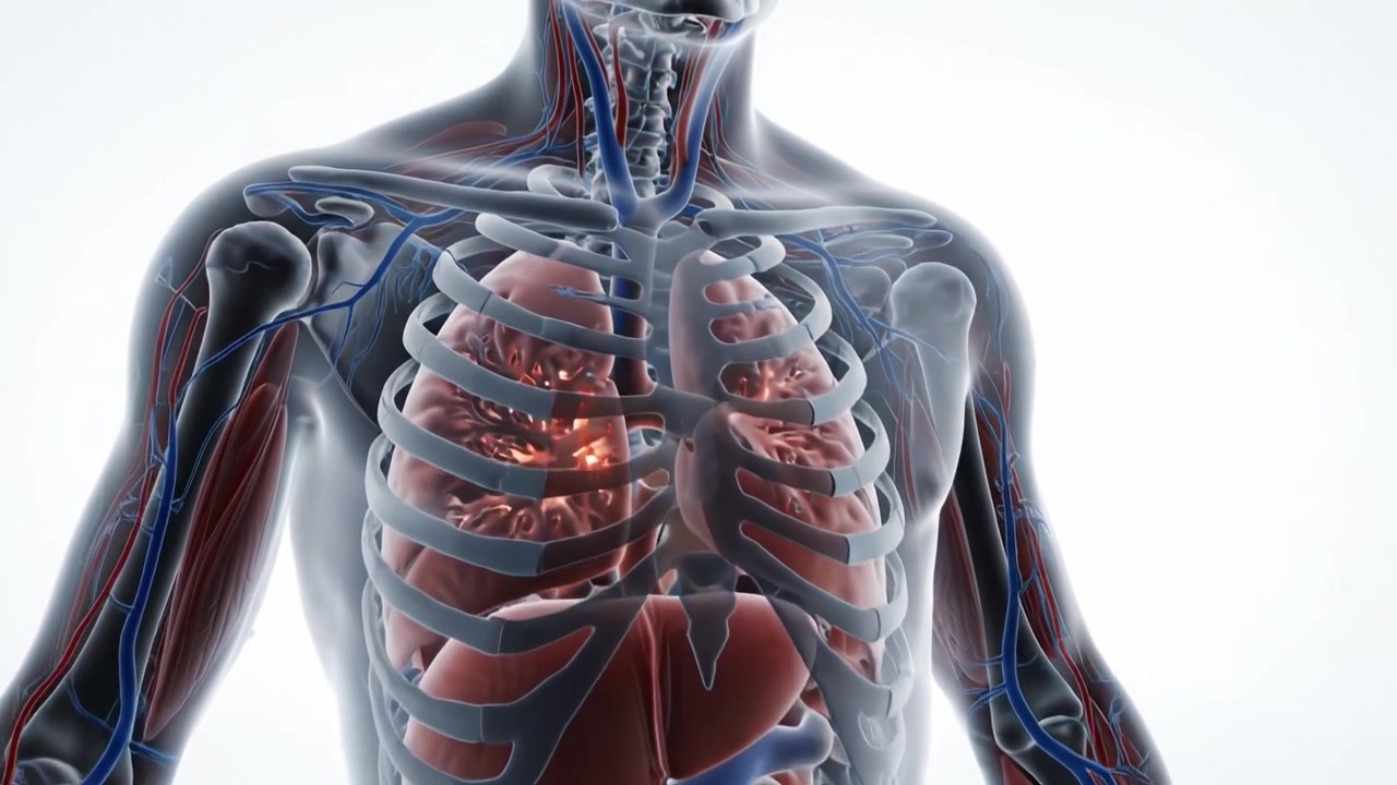 Esplorando l'anatomia umana: Una visualizzazione a due fotogrammi che mostra il corpo umano completo con illustrazioni dettagliate di organi e sistemi ed elementi interattivi