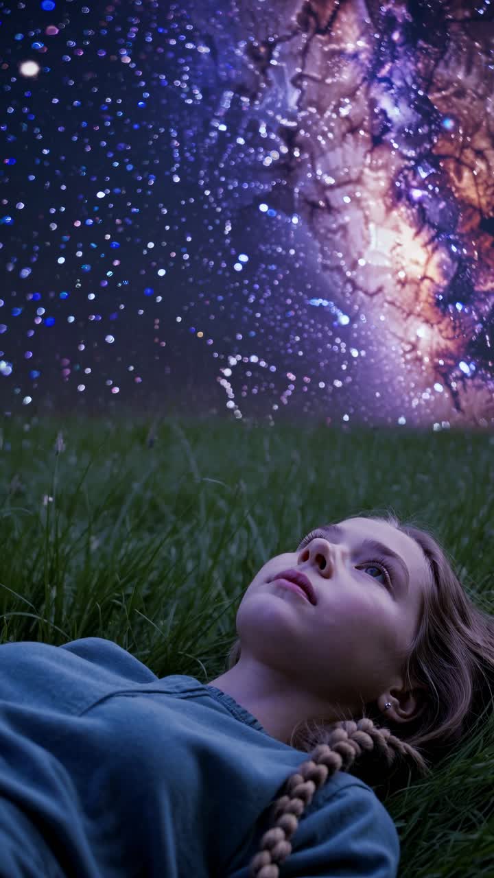 A girl lies on grass gazing at a starry sky, captured from a low angle