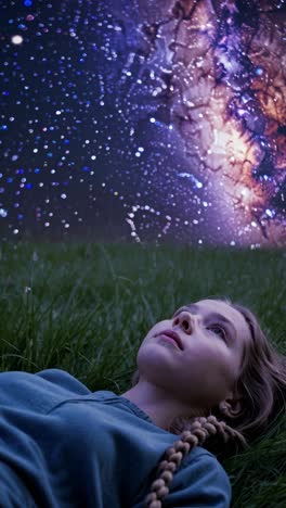 A girl lies on grass gazing at a starry sky, captured from a low angle