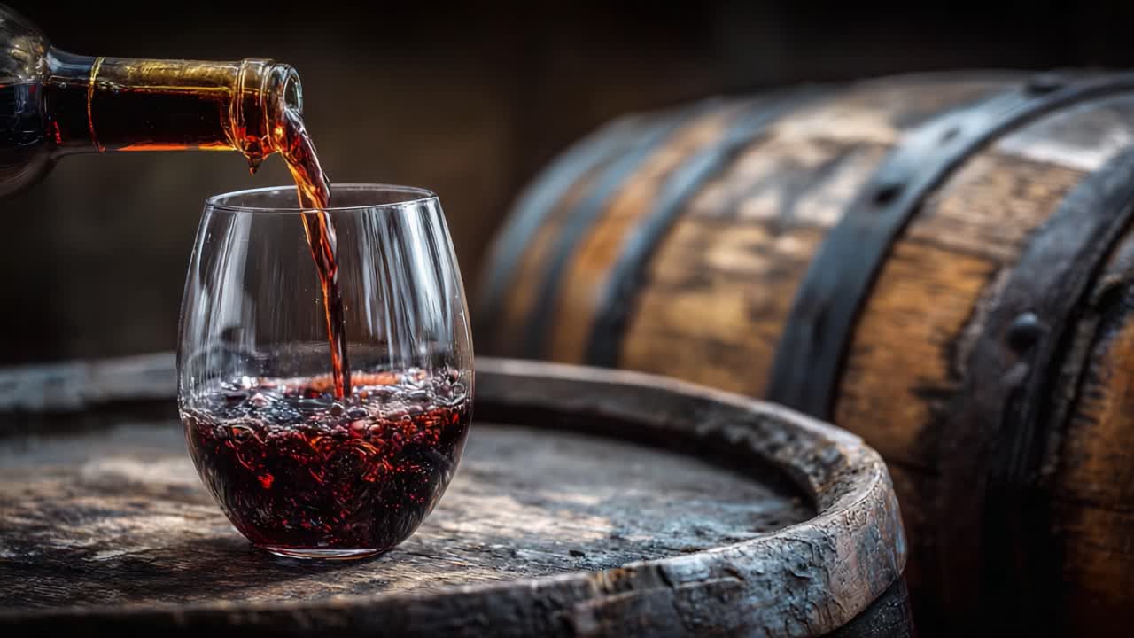 Immagine ravvicinata di un liquido scuro versato in un bicchiere, sullo sfondo rustico di botti di legno, che evoca un'atmosfera di sapore intenso e tradizione