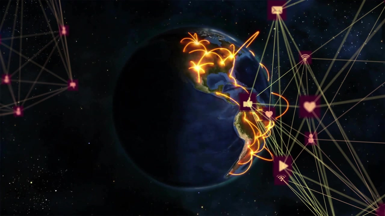 Glowing network connections animation over Earth in space with digital icons