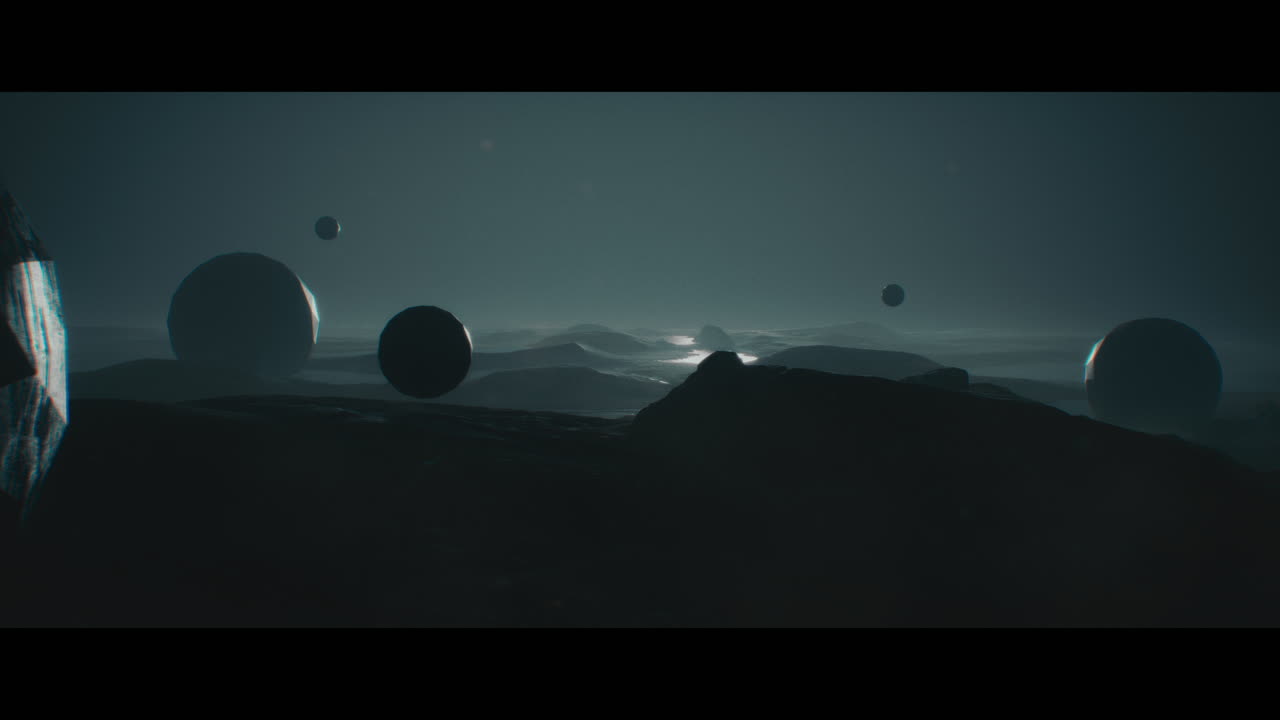 Alien planet desert landscape at night with strange sphere-shaped buildings