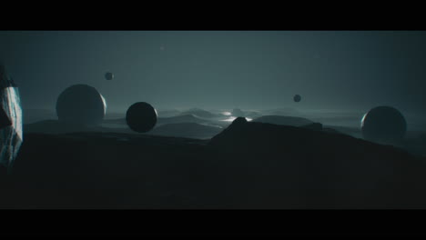 Alien planet desert landscape at night with strange sphere-shaped buildings