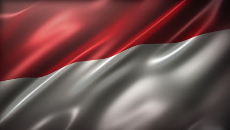 the flag of republic of indonesia, high-angle, perspective view, cinematic look and feel, glossy, slow-motion wavering, elegant silky texture waving