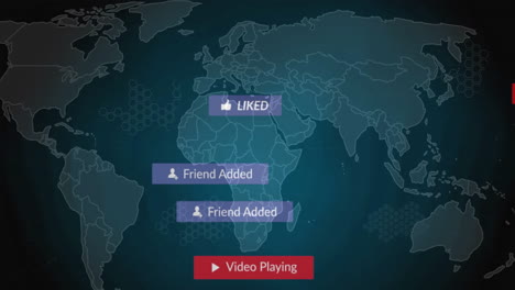 Animation of texts and icons in notification bars over map against blue background