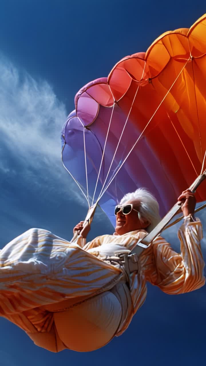 Un'avventura aerea: una donna felice che scivola nel cielo con un paracadute colorato, godendosi la libertà e il brivido nel sole del tardo pomeriggio