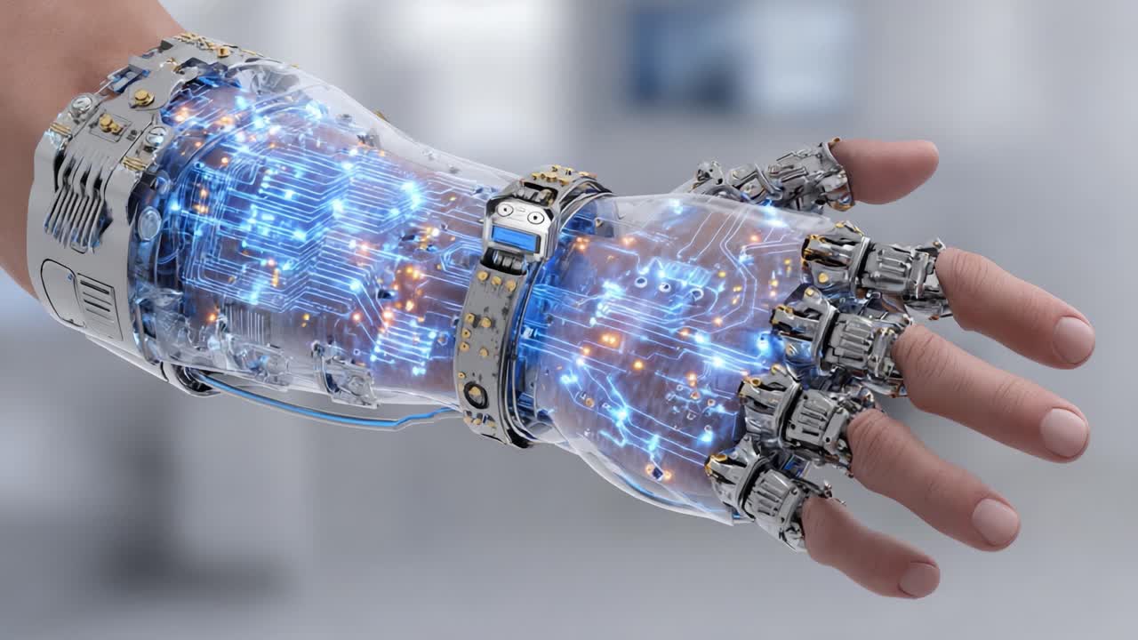 Exploring the Evolution of a Futuristic Robotic Arm with Intricate Circuitry and Illuminated Elements Showcasing the Intersection of Technology and Human Capability