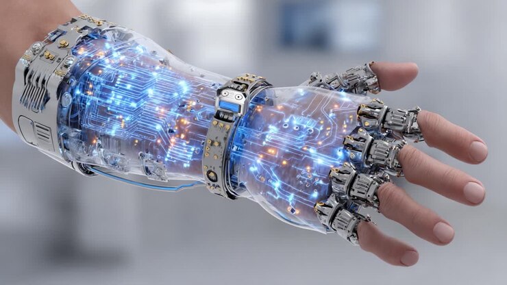 Exploring the Evolution of a Futuristic Robotic Arm with Intricate Circuitry and Illuminated Elements Showcasing the Intersection of Technology and Human Capability