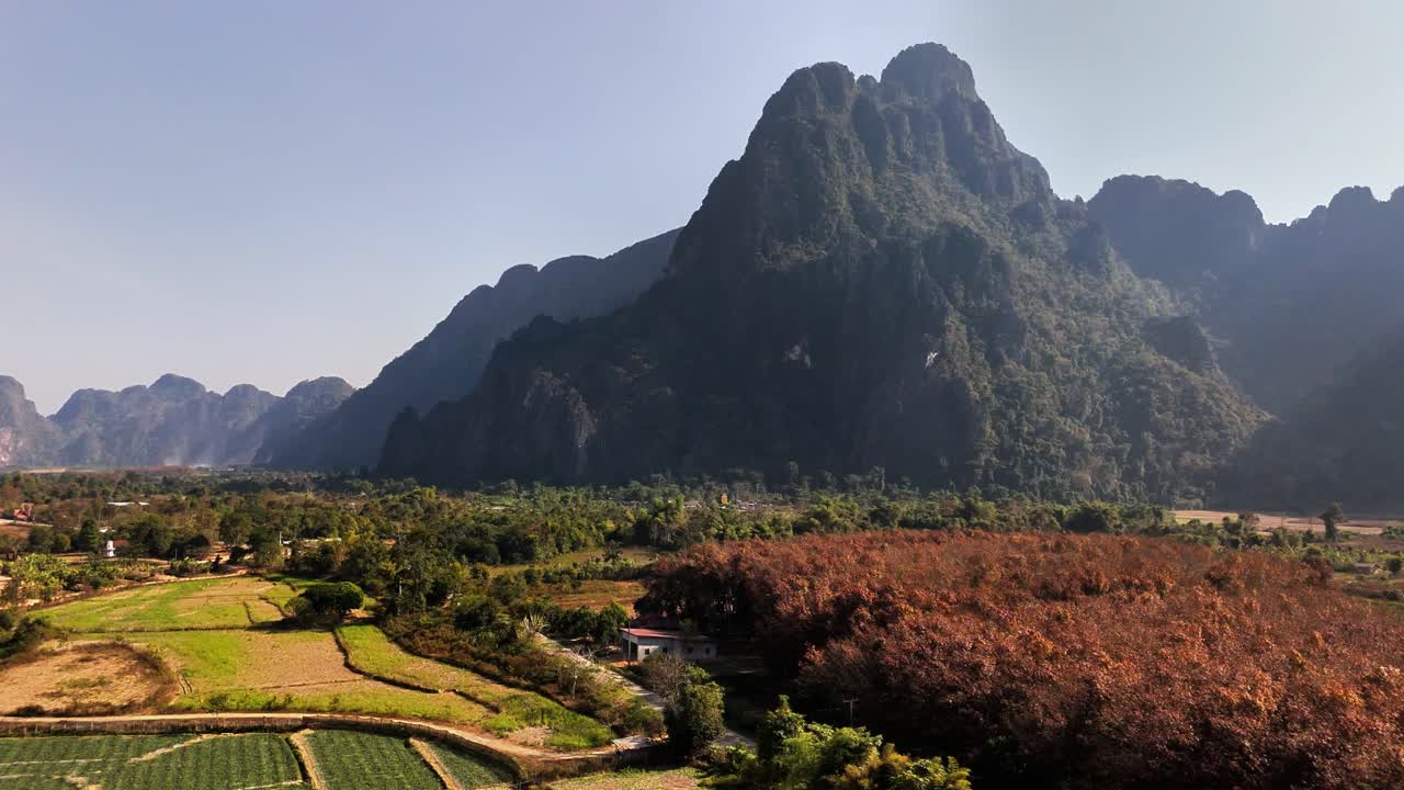 Montagne calcaree dominano l'orizzonte sopra campi dorati e fitta vegetazione a Vang Vieng, Laos, sotto un cielo azzurro brillante, formando un netto contrasto tra scogliere aspre e terreno pianeggiante.