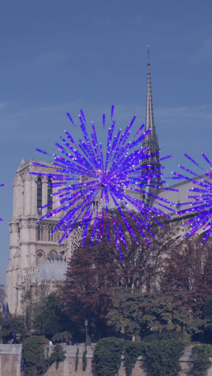 Animazione di fuochi d'artificio blu sullo skyline di Notre Dame e alberi