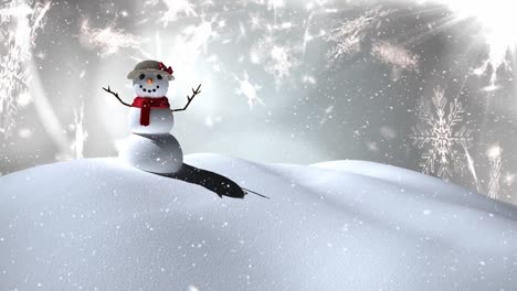 snow falling over snowwoman on winter landscape against snowflakes on grey background
