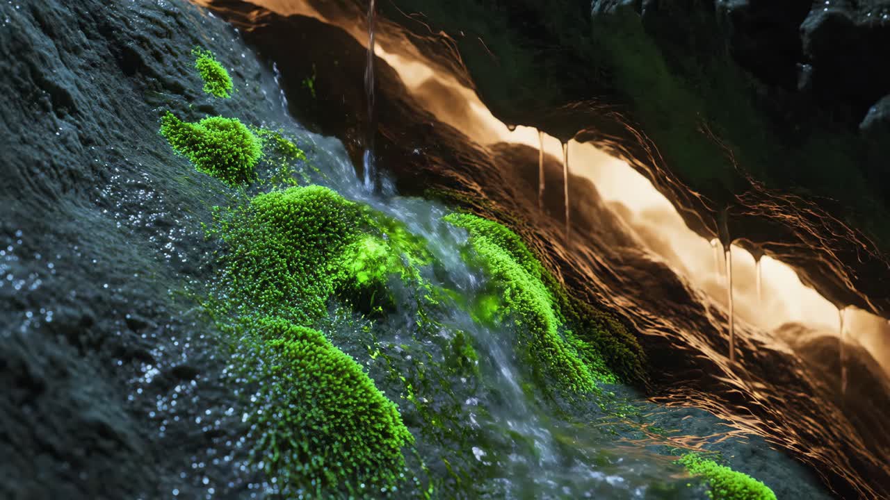 Lush mossy waterfall in a cave
