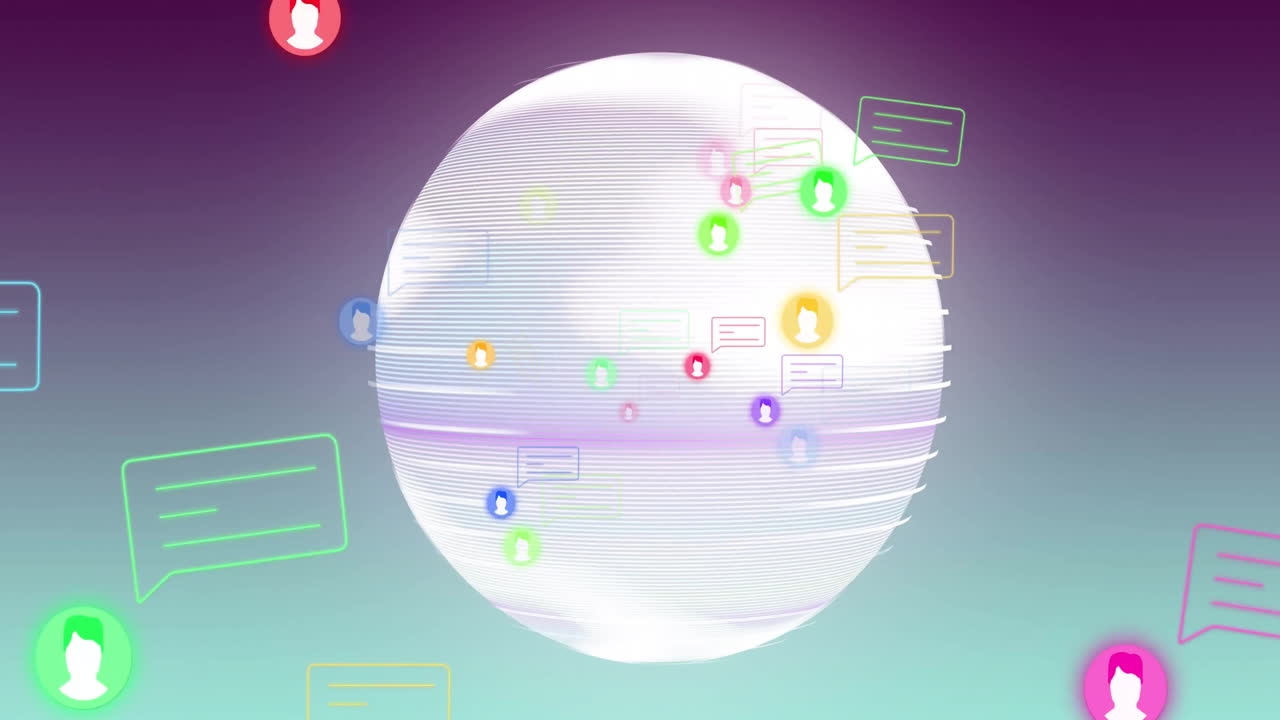 전 세계에 걸쳐 디지털 아이콘으로 연결된 네트워크의 애니메이션