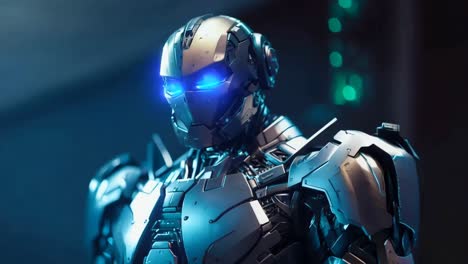 a robot with blue lights on his face in a dark room