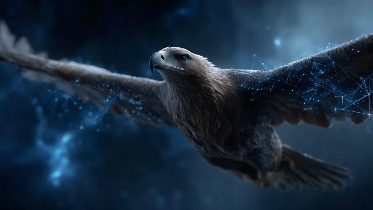 Majestic Golden Eagle Soaring Through a Digital Blue Cosmic Sky, Embodying Freedom and Power with Futuristic Visual Effects Highlighting Its Wings and Strength