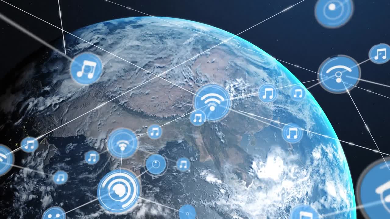 animación de la red de conexiones con iconos sobre la tierra en el universo en el fondo