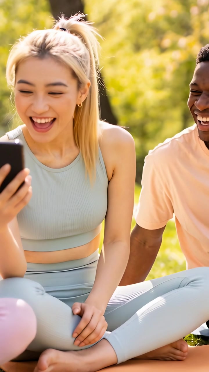 Vertical video: Tapping woman in teal top scrolling phone on park mat, sharing with partner
