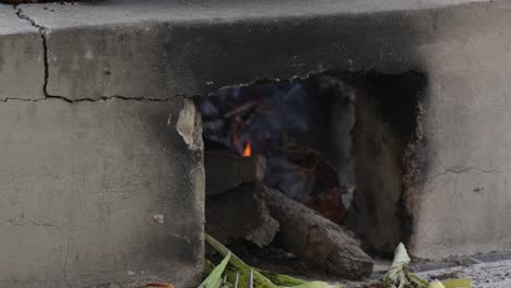 detail of fire burning in a rustic brick stove