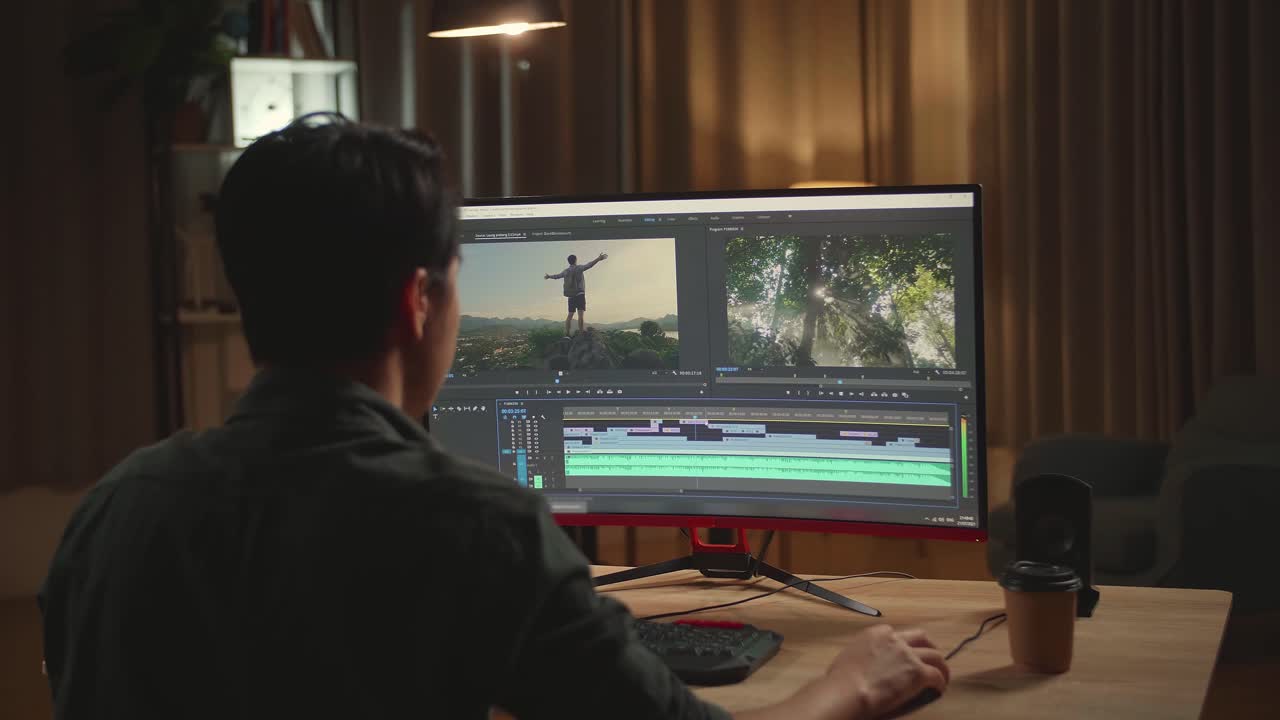 Asian Male Video Editor Works With Footage And Sound On His Personal Computer, He Works Late At Night