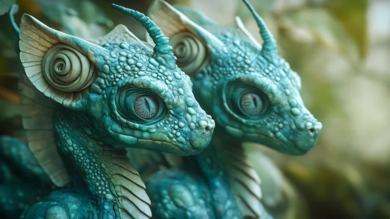 Close-up of two small, stylized dragons